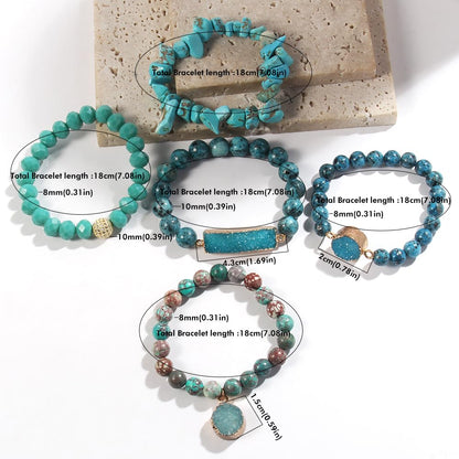 Yomisa 5PCS Natural Boho Beaded Bracelets for Women Men,Healing Turquoise Jasper Agate Crystal Gemstone Stone Diamond Chakra Multilayer Wrap Bohemian Handmade Jewelry Beads Stretch Bracelet Set
