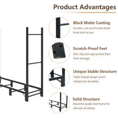 C-Hopetree 4Ft Outdoor Indoor Firewood Rack, Adjustable Metal Log Holder for Fireplace, Heavy Duty Wood Pile Storage Organizer Stacker Stand, Black