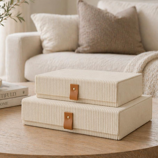 cherish & dwell Beautiful Cozy Corduroy Decorative Storage Boxes with Lids – Set of 2 Keepsake Boxes for Photos, Documents and Home Decor Accents - Giftable Memory Boxes