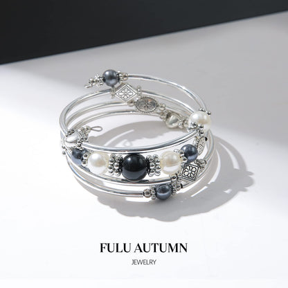 FULU AUTUMN Beaded Pearl Bangle Bracelets for Women Silver Wrap Bangles Bracelet Womens Costume Jewelry Fashion Gift(18-Black)