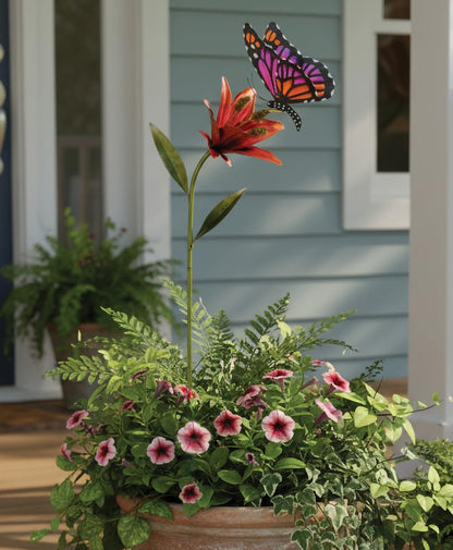 Regal Art & Gift Butterfly Flower Metal Garden Stake - Decorative Handcrafted Outdoor Metal Sculpture for Lawn, Patio & Garden Décor - Pink