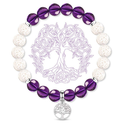 Karseer Tree of Life Charms Gemstone Beaded Bracelet Natural Crystal Amethyst White Lava Rock Essential Oil Diffuser Aromatherapy Bracelet for Women