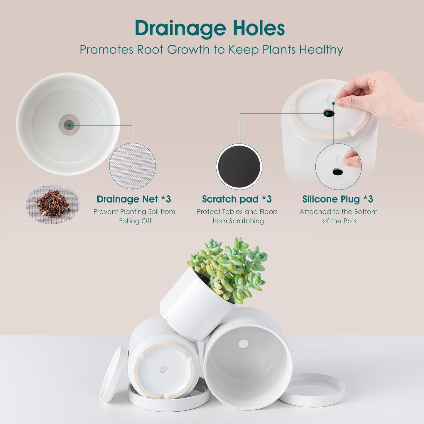 vancasso Ceramic Plant Pots, 3 Piece Planters for Indoor Plants, 4.25+5.25+6.25 Inch Flower Pots with Drainage, Plant Pots Indoor for Succulent, Pothos, Snake Plant and Money Tree, Etc (White)