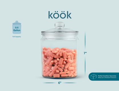 KooK Glass Storage Containers with Lids, 1/2 Gallon, Set of 2, Glass Kitchen Jars, Food & Cookie Storage Containers for Pantry, Bathroom Apothecary Canisters, Dishwasher Safe, Chalk, Label, Scoops