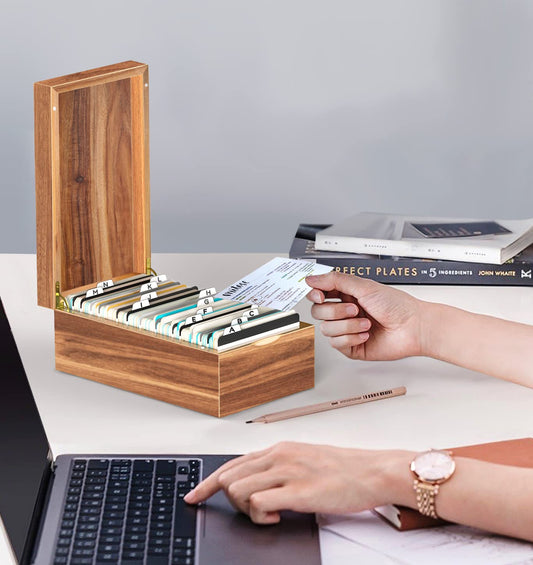 Neando 4’’x6’’ Index Card Holder, Acacia Index Card Box, Index Card Organizer Case, Wood Recipe Box with Dividers, 4 Compartments for 600 Cards, File Note Flash Card Holders