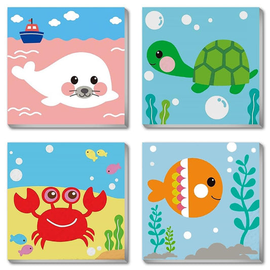 Canrichshop 4 Pack Framed Paint by Numbers Kit for Kids,Cute Sea Animals Painting Kits for Ages 4-6,Easy Paint by Number Kids Paint for Beginner,DIY Acrylic Oil Painting Kit for Wall Decor(8X8inch)