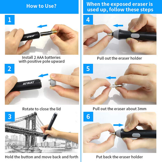 AFMAT Battery Operated Pencil Eraser for Sketching Pencils/Drafting/Drawing/Graphite Pencils, Couture Creations Creative Detailer Tool, AFMAT Electric Eraser Kit for Artists, 140 Refills EEB01