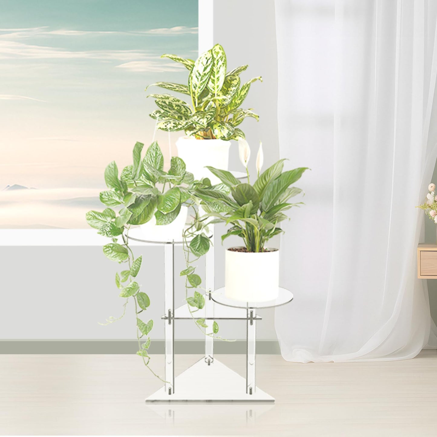Jusalpha Clear Acrylic Corner Plant Stand, 3-Tier, Indoor Display Shelf for Plants and Flowers, 11 Pounds Load Capacity