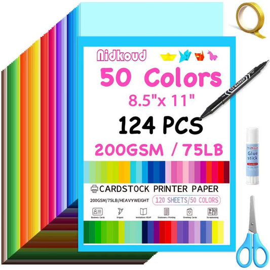 Nidkoud 124 PCS Colored Cardstock 8.5" x 11", 50 Assorted Colors Construction Paper Bulk for Crafts, Thick Card Stock Colorful Printer Paper for Scrapbooking, Card Making, Kids School Supplies(200GSM)