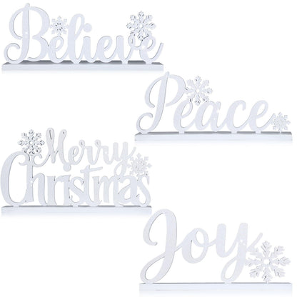Roowest 4 Pcs Wooden Christmas Table Sign White Merry Christmas Table Decor Elegant Joy Wood Cutout with Glitter Tabletop Believe Peace Words Centerpiece for Mantle Tiered Tray Shelf Xmas Party Decor
