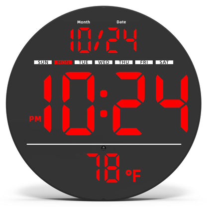 Digital Wall Clock with Large LED Display, Date, Temperature, Auto-Brightness | Small [PLUG-IN] Clock | Modern Electric Wall Clock for Bedroom, Classroom, Living Room, Home, Office, Farmhouse – Red