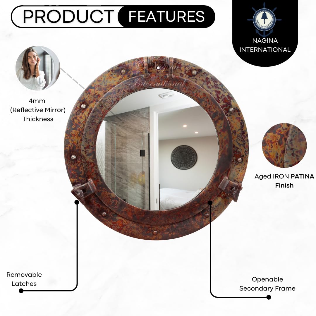 Nagina International Rustic Copper Shipwrecked Premium Nautical Porthole Mirror | Nautical Bathroom Mirrors (8 Inches, Aluminum Mirror)