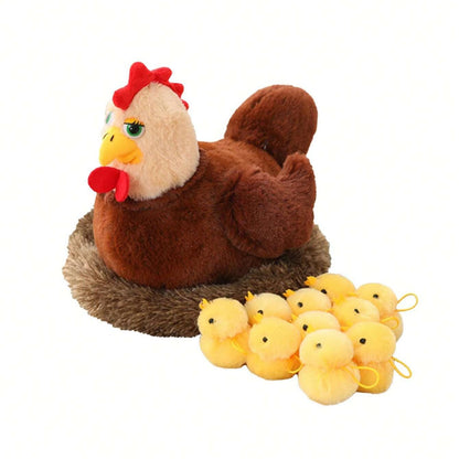 unsnurnoch 12PS Chicken Stuffed Animal 11.8", Mother Hen with 10 Baby Chicks and Nest, Interactive Farm Animal Plush Toy for Kids and Collectors, Creative Easter Birthday
