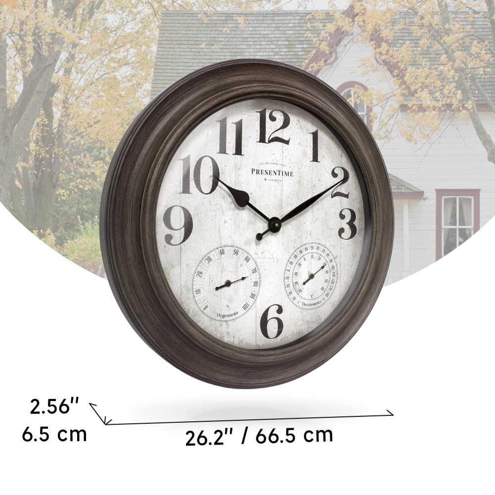 Presentime & Co. 26" Clifton in/Outdoor Farmhouse Clock with Thermometer & Hygrometer as All in One Weather Station, Farmhouse Wall Art and Timepiece for Home Decoration, Grey Oak Finish