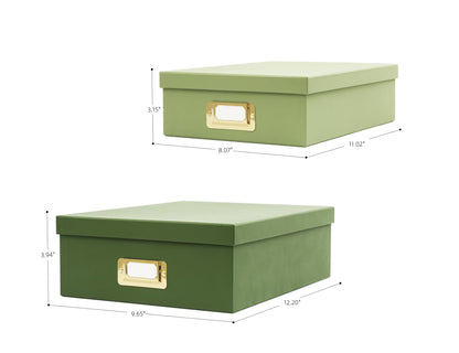 MIZFRUZZY 2-Piece Decorative Storage Boxes, Sophisticated Dual-green Palette, Paperboard Stackable with Gold Label Holders for Home Office Organization, Home Decor, Photos, Files and Keepsake Box