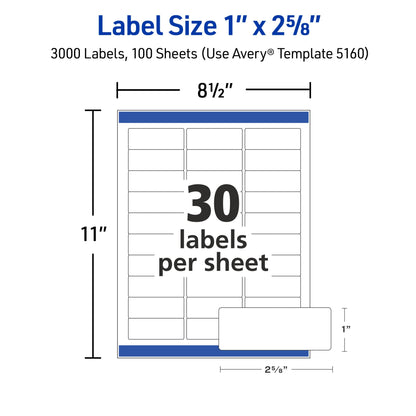 Avery Easy Peel Printable Address Labels with Sure Feed, 1" x 2-5/8" Customizable Stickers, White, 3,000 Blank Mailing Labels, Great for Mailing, Shipping, and More (5160)