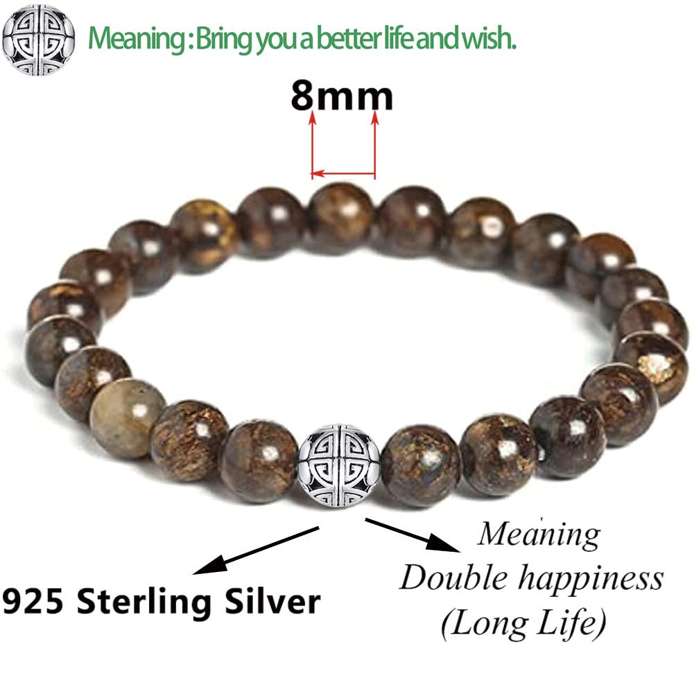MetJakt Healing Crystals Beaded Bracelets for Womens Natural Gemstone 8mm Beads Stretch Bracelets with 925 Sterling Silver Double Happiness Pendant (Bronzite)