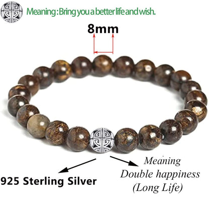 MetJakt Healing Crystals Beaded Bracelets for Womens Natural Gemstone 8mm Beads Stretch Bracelets with 925 Sterling Silver Double Happiness Pendant (Bronzite)
