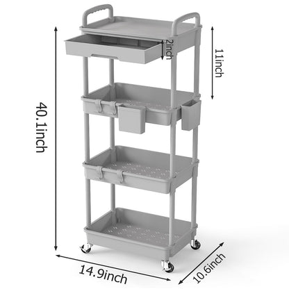 LLMRR 4 Tier Rolling Utility Cart with Drawer, Plastic Storage Organizer Rolling Carts with Wheels Handles Hanging Cups Hooks for Office, Bathroom, Kitchen,Craft Art Room (Grey)