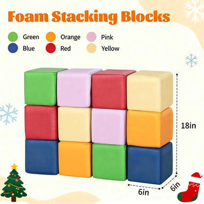 TODIBY Foam Building Blocks for Toddlers：12-Pieces Wipeable Leather Stacking Cubes Kids - Large Soft Toys Play Set for Learning Construction Baby Preschool Daycare Therapy Birthday Gift (Rainbow)