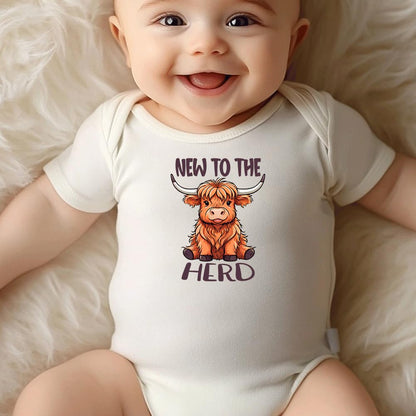 hrcfbk Western Baby Boy Girl Clothes Summer Newborn New to the Herd Cowgirl Short Sleeve Romper Infant Highland Cow Bodysuit (Beige New to the Herd,0-3 Months)
