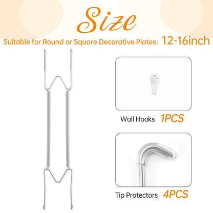 Bilillo Plate Hangers for The Wall, Suitable for 12-16 inch Decorative Plate, Stainless Steel Invisible Heavy Duty Wire Plate Holder with Wall Hooks, Plate Hangers for Displaying Plates, Silver