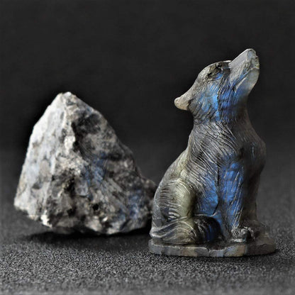 Artistone 2.0" Labradorite Crystal Wolf Statue Decor Hand Carved Gemstone Wolf Gifts Figurines Animal Carving Sculpture Crystal and Healing Stones Home Decoration (Gift Box)