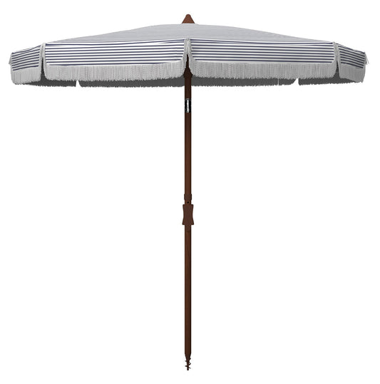 SAFAVIEH 6.5ft Outdoor Patio Umbrella, Round, Copen Collection, White & Navy Stripe, Fringe Trim, Button Tilt, UV Resistant for Deck, Backyard, Poolside (PAT8501B)