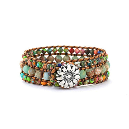 YGLINE Boho Handmade Natural Stone Bead 3 Row Wide Wrap Wrist Statment Bracelet Jewelry Collection (regalite ＆agalmatolite)