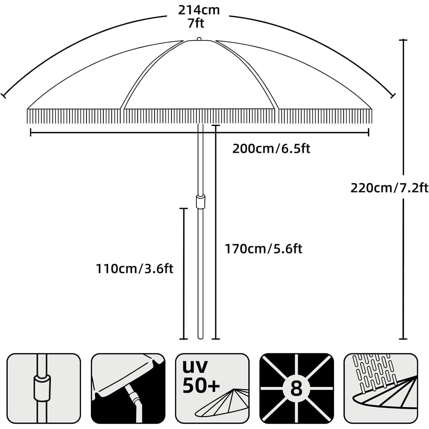 AMMSUN 7ft Patio Umbrella with Fringe Outdoor Tassel Umbrella UPF50+ Premium Steel Pole and Ribs Push Button Tilt, Pink Stripe
