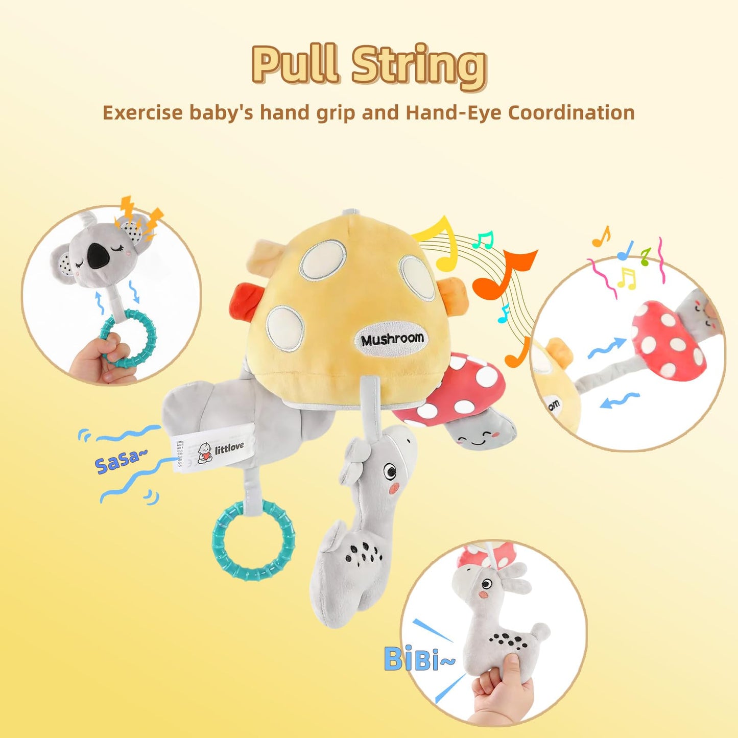 littlove Musical Baby Pull Vibration Toy for Car Seat 6-12 Months, Travel Sensory Toy 3 Months, Montessori Plush Toys for Roadtrip with Crinkle Textures Flutter Squeaky Mirror Newborn Infant Gift
