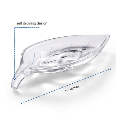 NEWHENGS Self Draining Decorative Leaf Shape Clear Glass Bar Soap Dish, Heavy Soap Holder for Bathroom, Sink and Kitchen