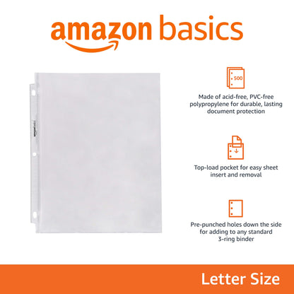 Amazon Basics Sheet Protectors for 3 Ring Binder, Heavyweight, Acid-Free, Top Loading, Polypropylene, 8.5 x 11 Inch, 500-Pack, Clear