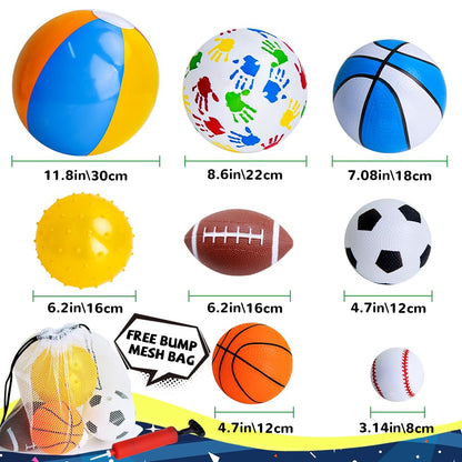 teytoy Set of 8 Sports Balls for Toddlers 1-3,Toddler Outdoor Toys,Soft Indoor Outdoor Ball Toys Boys Girls Kids Baby Ball-Basketball Baseball Football Rugby Bounce Ball Beach Ball with Free Bump/Bag