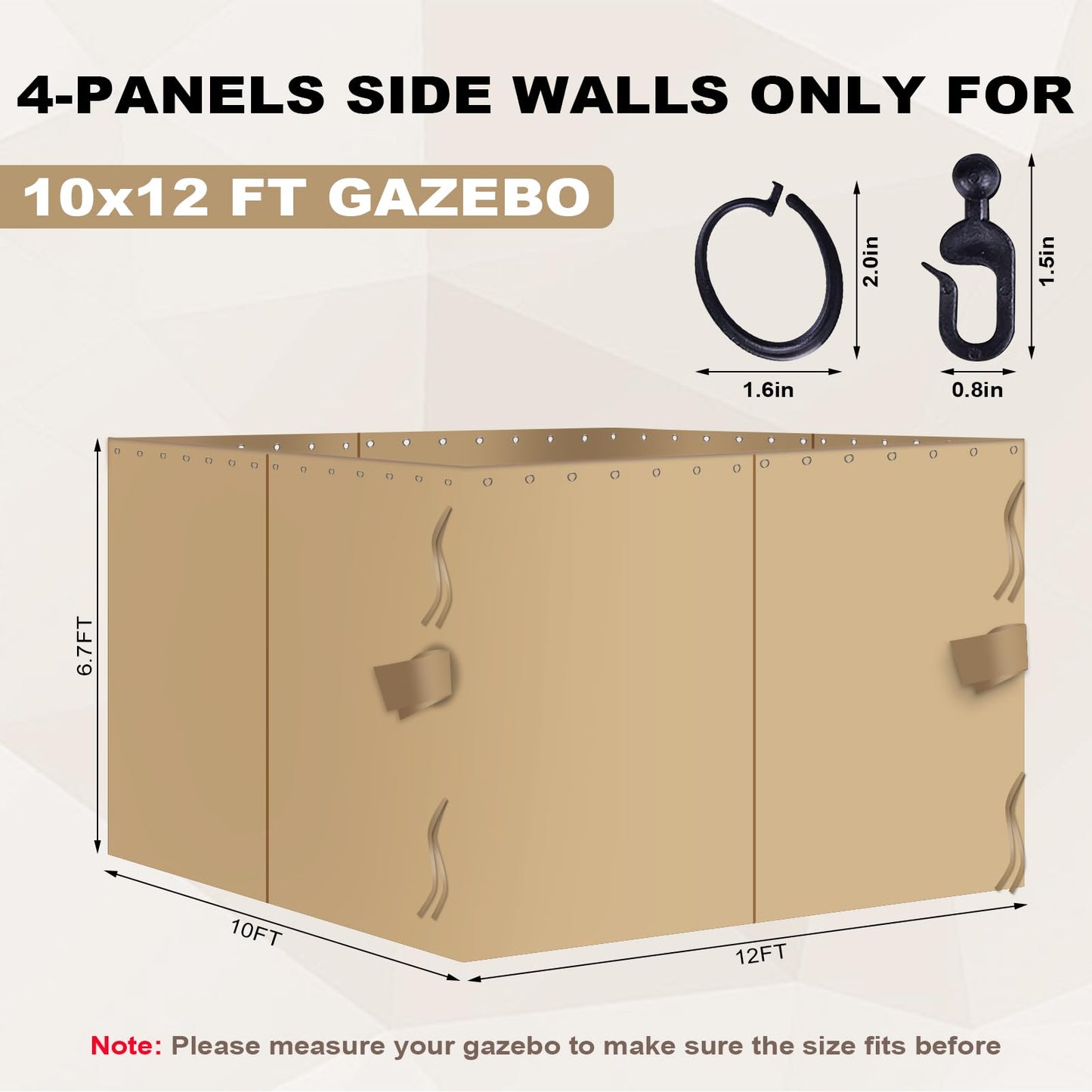 slashome 10'x12' Gazebo Curtains Outdoor Waterproof, Khaki Universal Replacement Curtain 4-Panels, Sidewalls with Zipper for Garden, Patio, Yard (Only Curtains)