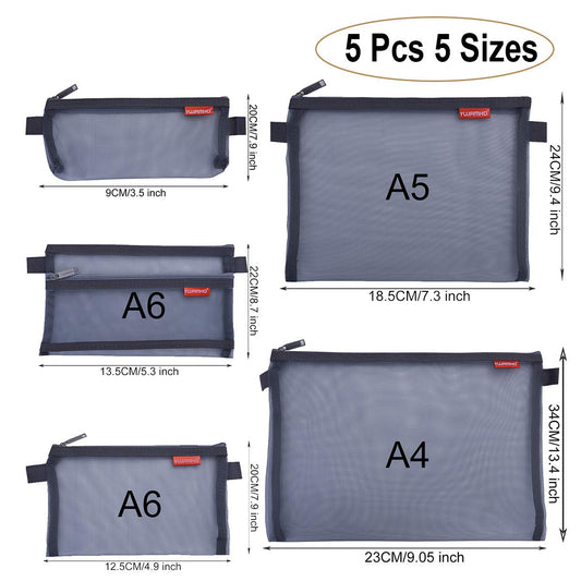 pendancy Mesh Zipper Pouch 5pcs Lightweight Nylon File Folders Document Organizer Cosmetic Bags Accessories Storage for Travel and Office Supplies (Grey, A4 A5 A6)
