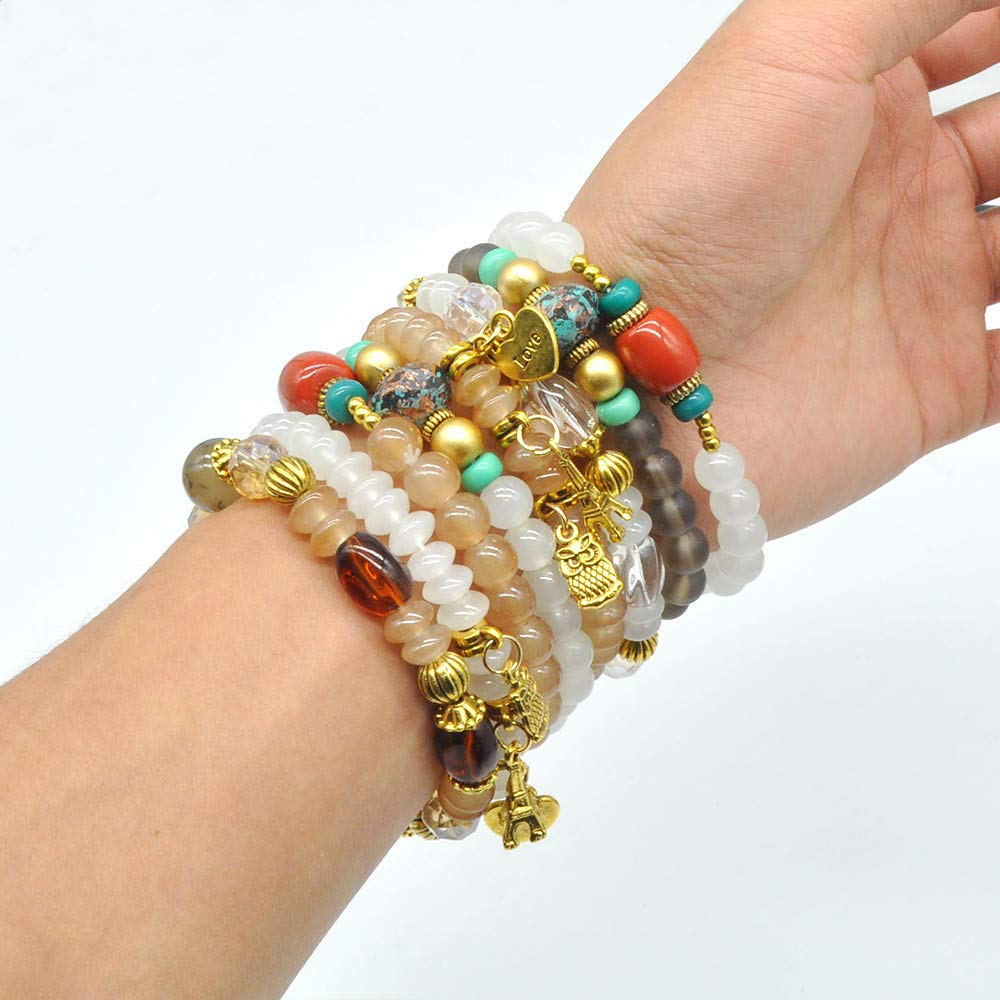 Bohemian Bracelet Sets for Women - 6 Stackable Stretch Bracelets Multi-color Boho Jewelry Hippie Dainty Best Friend Gift (Owl charm stretch bracelet set)