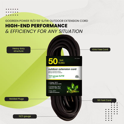 Power By GoGreen Go Green Power Inc. 16/3 50ft Black Outdoor Extension Cord - Durable, Heavy Duty, Moisture Resistant - Ideal for Tools & Equipment - GG-13750BK