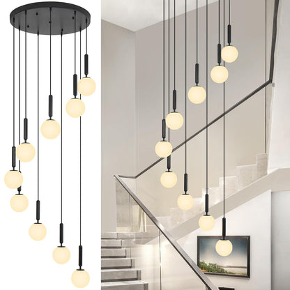 FDPBY 9-Lights Black Chandelier with Milk White Glass Mid Century Modern Globe Pendant Light for Foyer Living Room Entryway Hallway