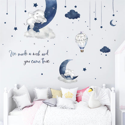 Dream Blue Grey Sleeping Baby Elephant Wall Sticker, sacinora Moon Star Cloud Warm English Phrase Wall Decal Removable Vinyl Peel and Stick for Kid Baby Boy Nursery Bedroom Toddler Room Art Home Decor