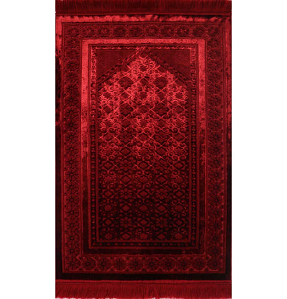Modefa Velvet Prayer Rug - Soft Plush Turkish Janamaz Sajada Carpet for Men and Women - Plain Solid Prayer Mat Ramadan Eid Gift - with Prayer Beads - Luxury Floral Stamp (Red)