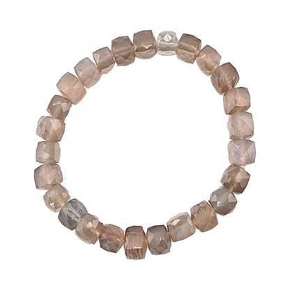 Grey Moonstone Bracelet for Women - Grey Moonstone Crystals and Healing Stones womens Bracelet - Cube Shape Beaded Bracelets - Stretchy Bracelets for Chakra Protection, Meditation and Healing