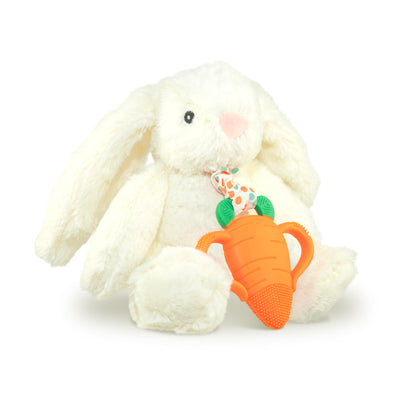 RaZbaby Bunny Snuggly w/Carrot Teething Relief Toy – Soothes Sore Gums w/Nature-Inspired Texture, 100% BPA-Free Silicone Teether, Soft Minky Stuffed Animal – All Ages