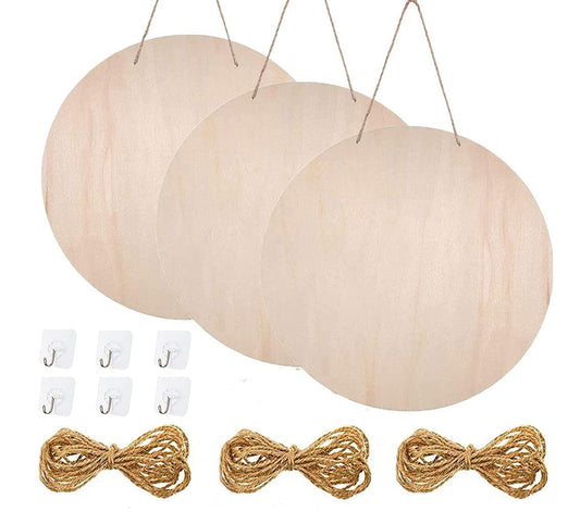 Feill 3 Pieces 12 Inch Wood Circles Sign - Unfinished Blank Wooden Circle with Twine & Hook for DIY Crafts, Door Hanger, Sign, Wood Buring, Painting, Christmas Decor