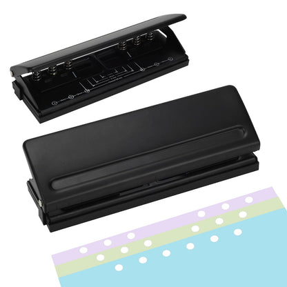 Adjustable 6-Hole Punch - Metal Hole Puncher for A4/A5/A6, Personal & Pocket Planners - 6-Ring Binder Puncher 6-Sheet Capacity, Non-Slip Base, with Ruler & Hole Guide (Black)