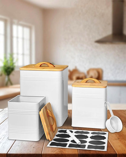 vensovo Kitchen Canister Set of 3 - Large 7 Qt Flour and Sugar Containers Airtight - White Metal Food Storage Jars with Bamboo Lids, Iron Spoon & Erasable Magnetic Labels, Farmhouse Decor for Pantry