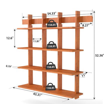 Raykion Bookshelf 4 Tier Wall Mounted Display Shelf, Space-Saving Floating Bamboo Bookcase Heavy Duty 600lbs, Storage Organizer for Living Room Bedroom Office, 43" W x 52" H