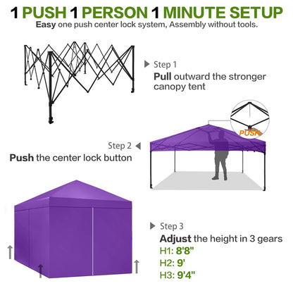 Tunbne 10X10 Comercial Pop Up Canopy Tent with 4 Sidewalls and 6 Pockets, One Push Setup Center Lock, for Beach Patio Outdoor, Case, 8 Stakes, 4 Ropes, 4 Sandbags (Purple)
