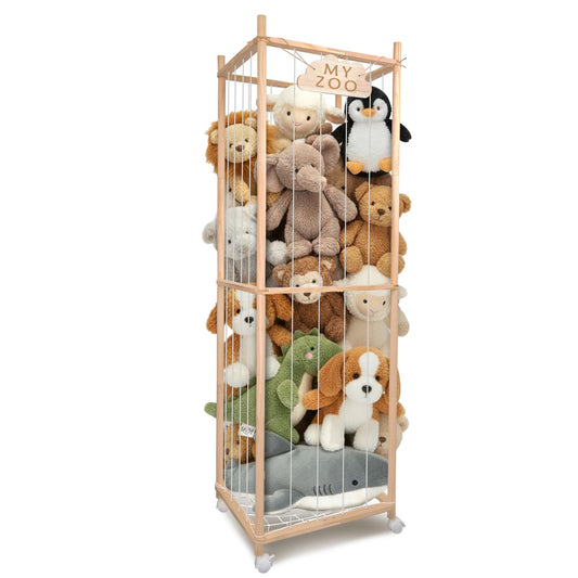 BETBEM Stuffed Animal Storage Zoo with Wheels, 64" Wooden Large Stuff Animals Plushies Holder Toy Organizer Kids Plush Storage Cage with Elastic Band and Net for Nursery Playroom Corner for Toddler