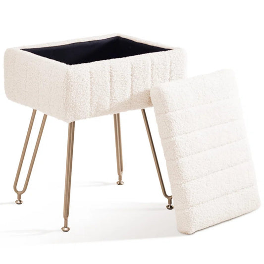 CLICKBIN 16" Teddy Fabric Storage Ottoman, Plush Vanity Stool with Hidden Storage for Bedroom, Living Room, Beige